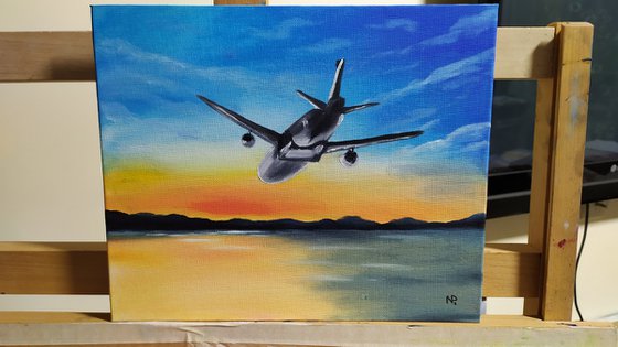 First flight, sky plane oil painting, Gift, impressionistic work