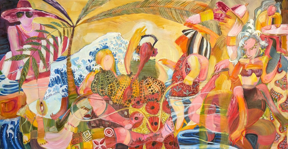 Surrealistic Landscape Oil Painting By Egle Colucci, 56 X 28, The Beach, Original Artwork