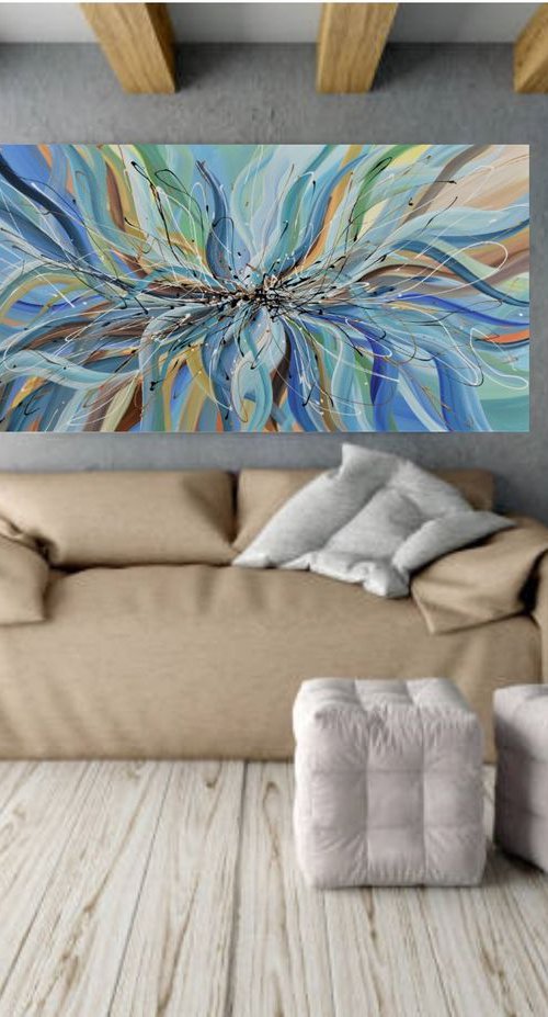 Blue Passion Flower  - Large Abstract Floral Painting by Olga Tkachyk