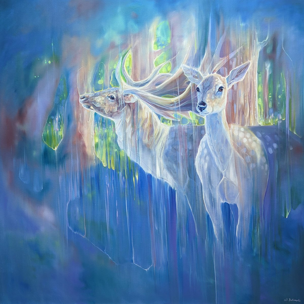 Divine Monarchs large semi-abstract deer painting by Gill Bustamante