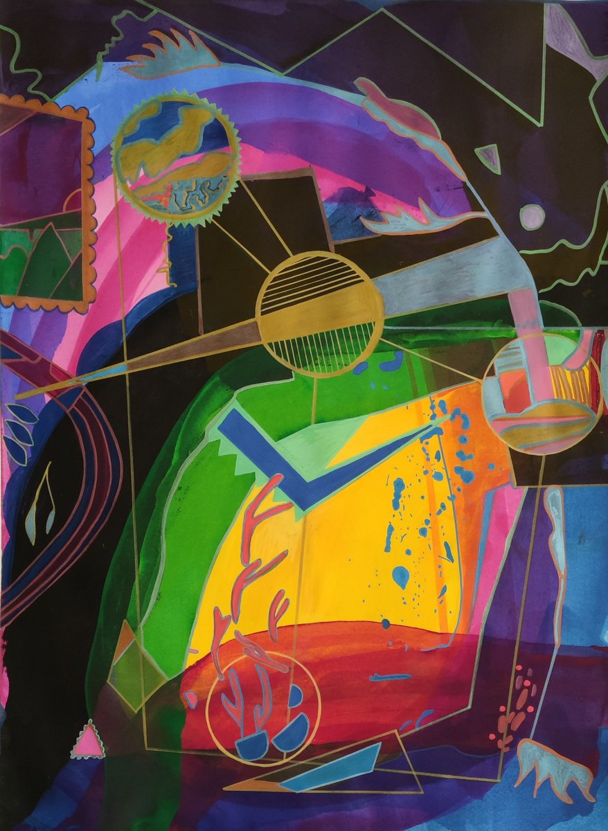 Abstract Acrylic Painting By Chrissy Guest, 22 X 30, Night Mystery, Original Artwork