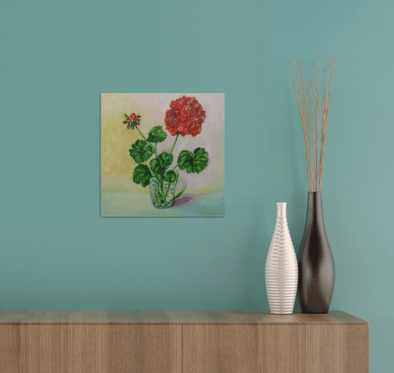 A Geranium Branch in a Glass Original Handmade Oil Painting Small Red Still Life Floral Blooming Gift for Home or Woman 30x30cm.