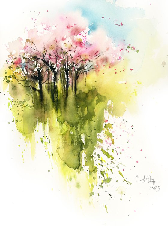 Spring Landscape with Pink Tree and Green Grass Watercolor Painting