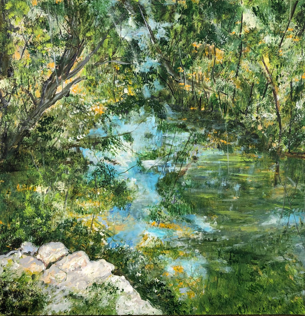 Impressionistic Landscape Oil Painting By Snezana Djordjevic, 31 X 31", Beside The Source 2, Original Artwork