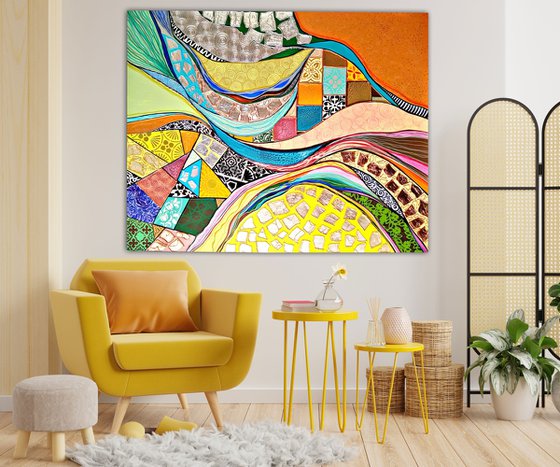 Colorful large abstract painting. Yellow orange blue green light pink wall art