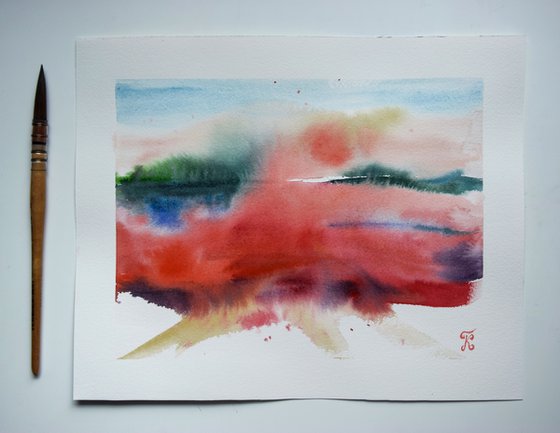 Abstract landscape painting, original watercolor painting, abstract red wall art