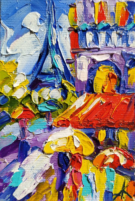 With love from France - small painting, cityscape, postcard, Eiffel Tower, city, gift idea, gift, oil painting, France, Eiffel Tower oil painting