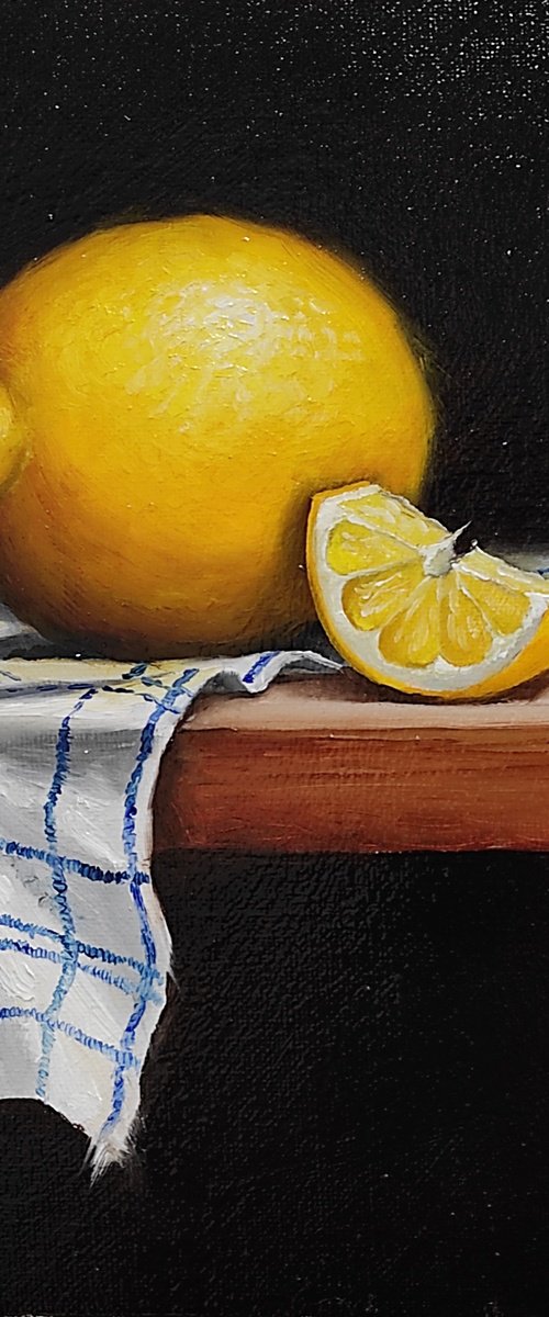 Lemon on cloth still life by Jane Palmer Art