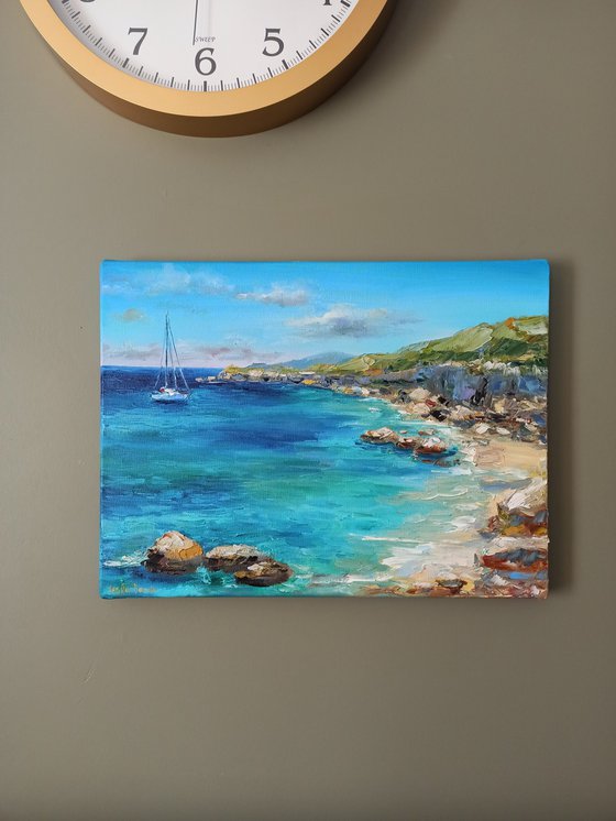 Sailboats oil painting sailing regatta blue ocean landscape wall decor 12x16"