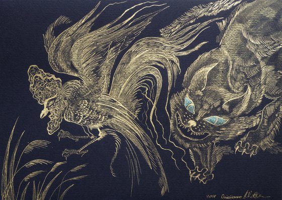 Wild cat and rooster. Gold on black