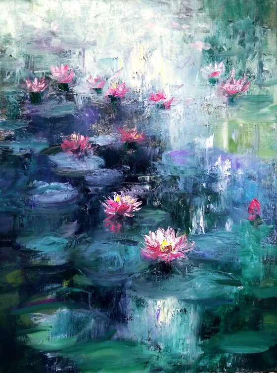 Pink Water Lilies , Original  Impasto Oil Painting , Palette Knife