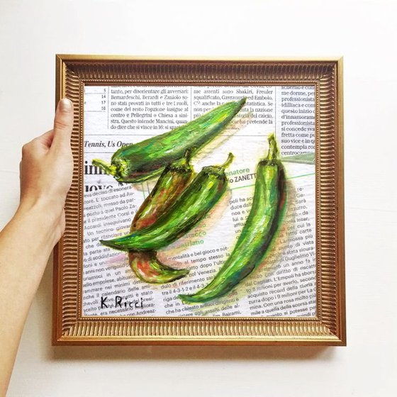 "Chili Peppers on Newspaper" Original Oil on Canvas Board Painting 6 by 6 inches (15x15 cm)
