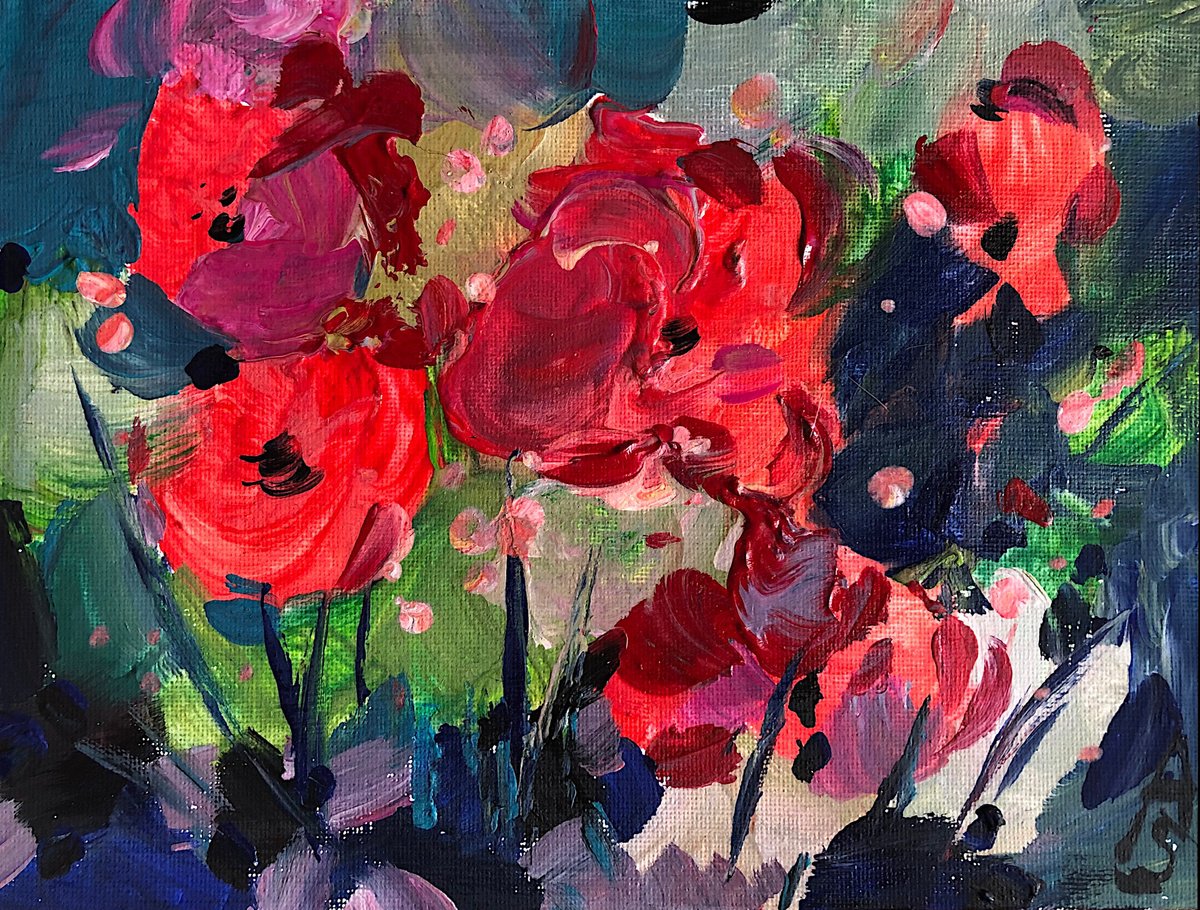 Impressionistic Cityscapes Acrylic Painting By Sona Adalyan, 9 X 7", Red Poppies, Original Artwork