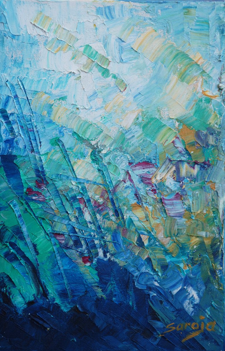 Abstract Landscape Oil Painting By Saroja Van Der Stegen, 6 X 9", Green Winter Ref#:1302-2P, Original Artwork