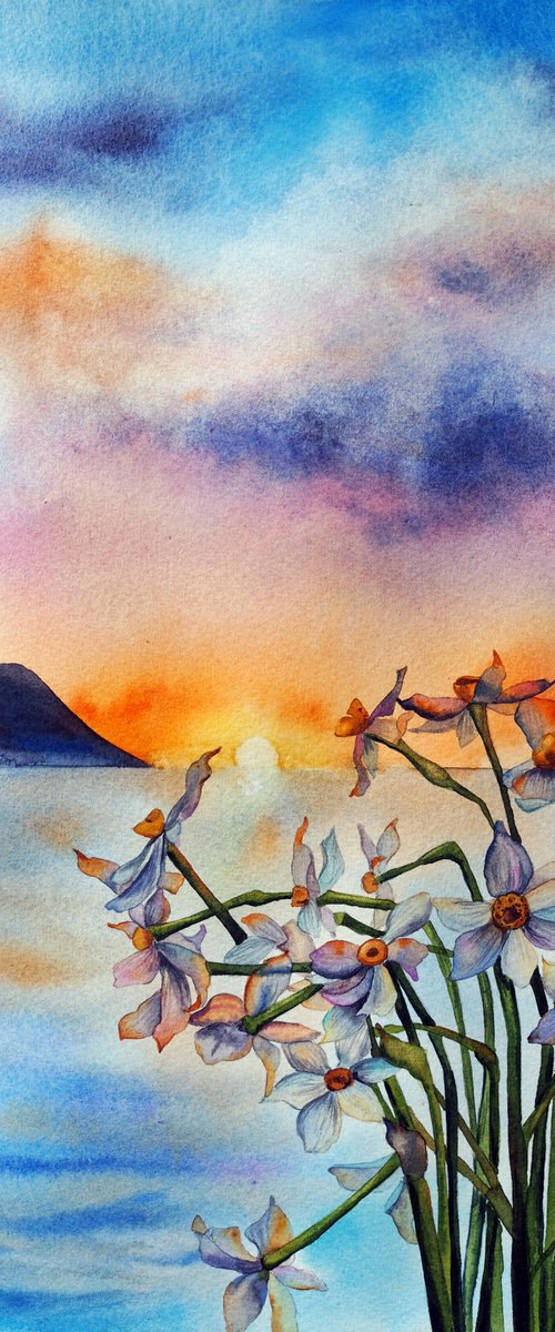 Narcissus on sunset by Delnara El