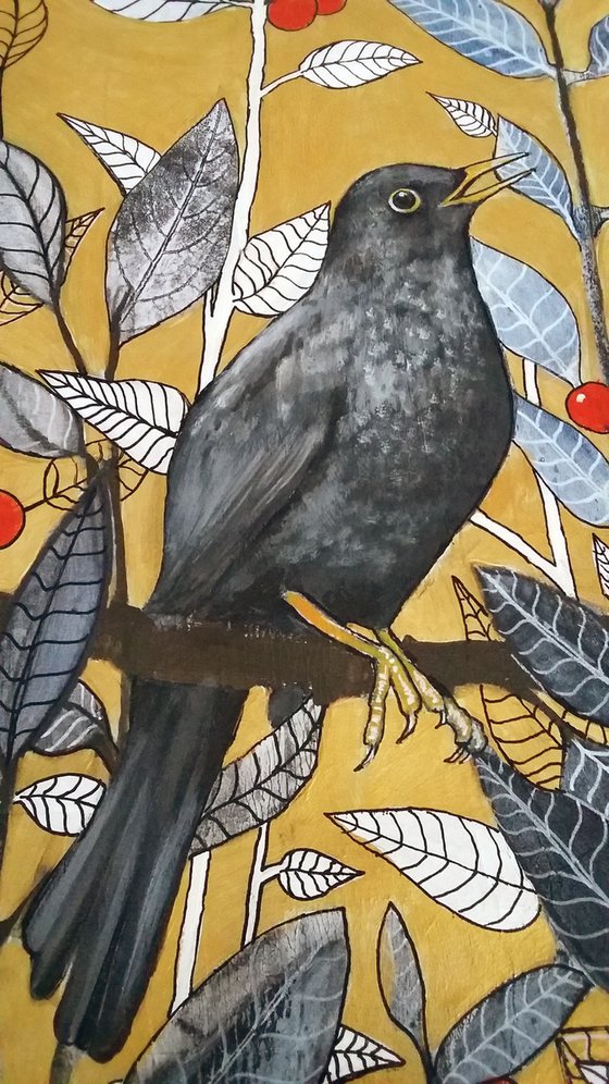 Choir practice  (Blackbird, great tit, wren, robin and nuthatch mixed media painting)