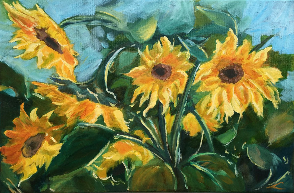 Impressionistic Botanical Oil Painting By Elena Sokolova, 24 X 16, Sunflowers 4, Original Artwork