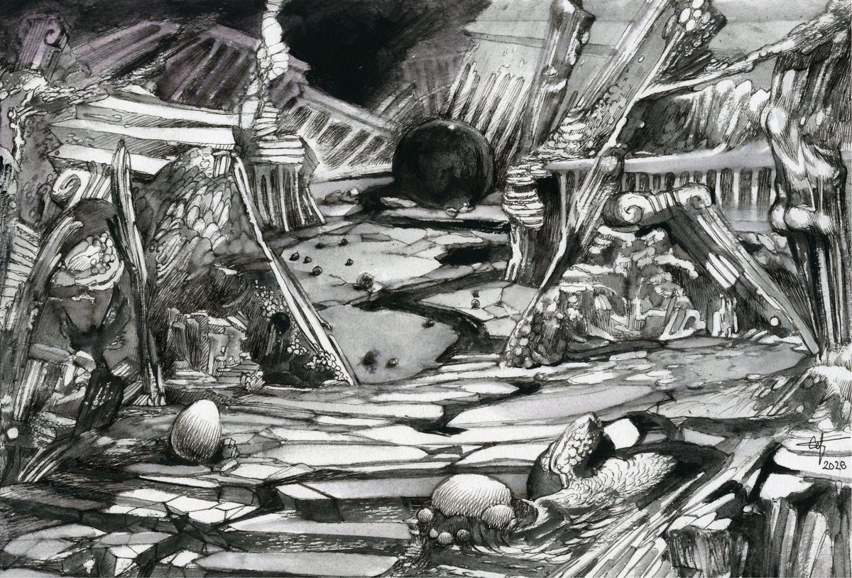 Surrealistic Ink Drawing , The Gracefull Gate Of Argentinosaurus By Polina Salenko, 12 X 8, Artwork For Sale On Artfinder