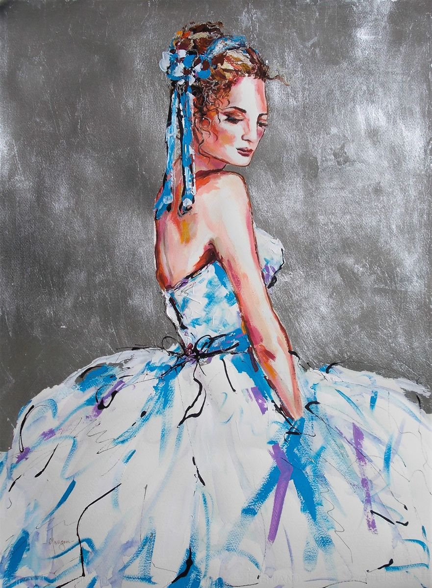Blue Ribbon - Figurative Ballerina Acrylic Mixed Media Painting on Paper by Antigoni Tziora
