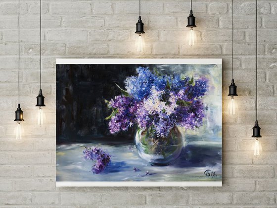 Lilac. Original oil painting. Big size purple dark tones still life bouquet interior impressionistic decor classic