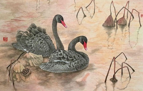 Black Swan, Original Gongbi Brush Painting by Fiona Sheng