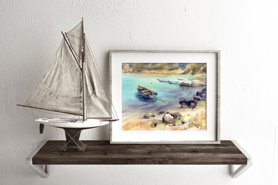 Boat by the sea in Montenegro, Watercolor turquoise seascape