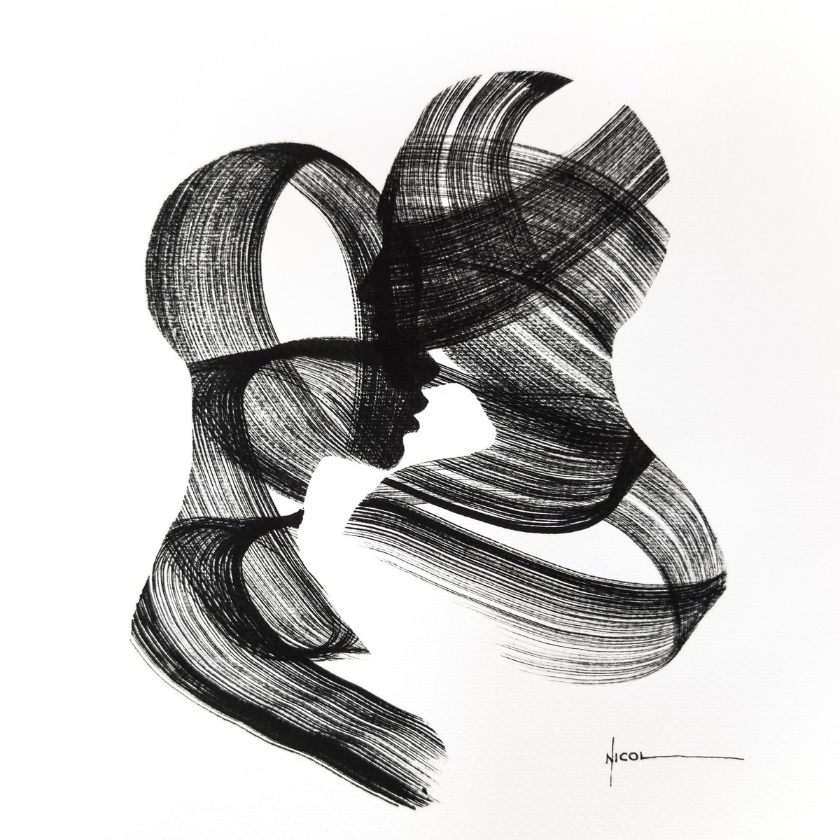 Expressive Portrait Ink Drawing By Nicol Vacaru, 11 X 11", Tangled Echoes, Original Artwork