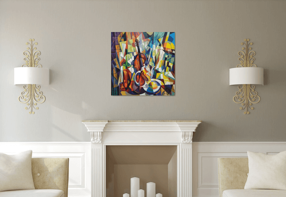 still life with violin (80x80cm, cubism, oil painting, ready to hang)