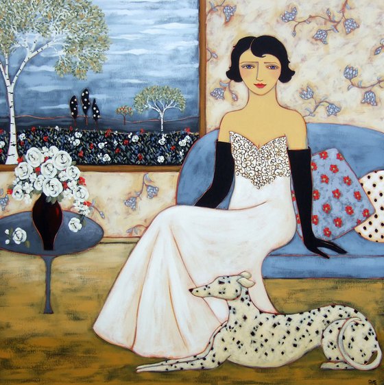 Woman with Landscape & White Rose Bouquet