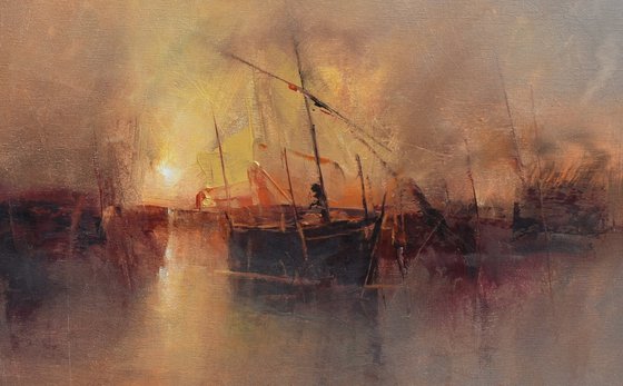 " Harbor of destroyed dreams - Hazy morning " W 70 x H 70 cm