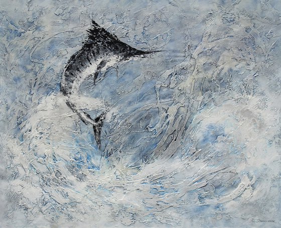 BLUE MARLIN JUMP. Large Abstract Fish Painting