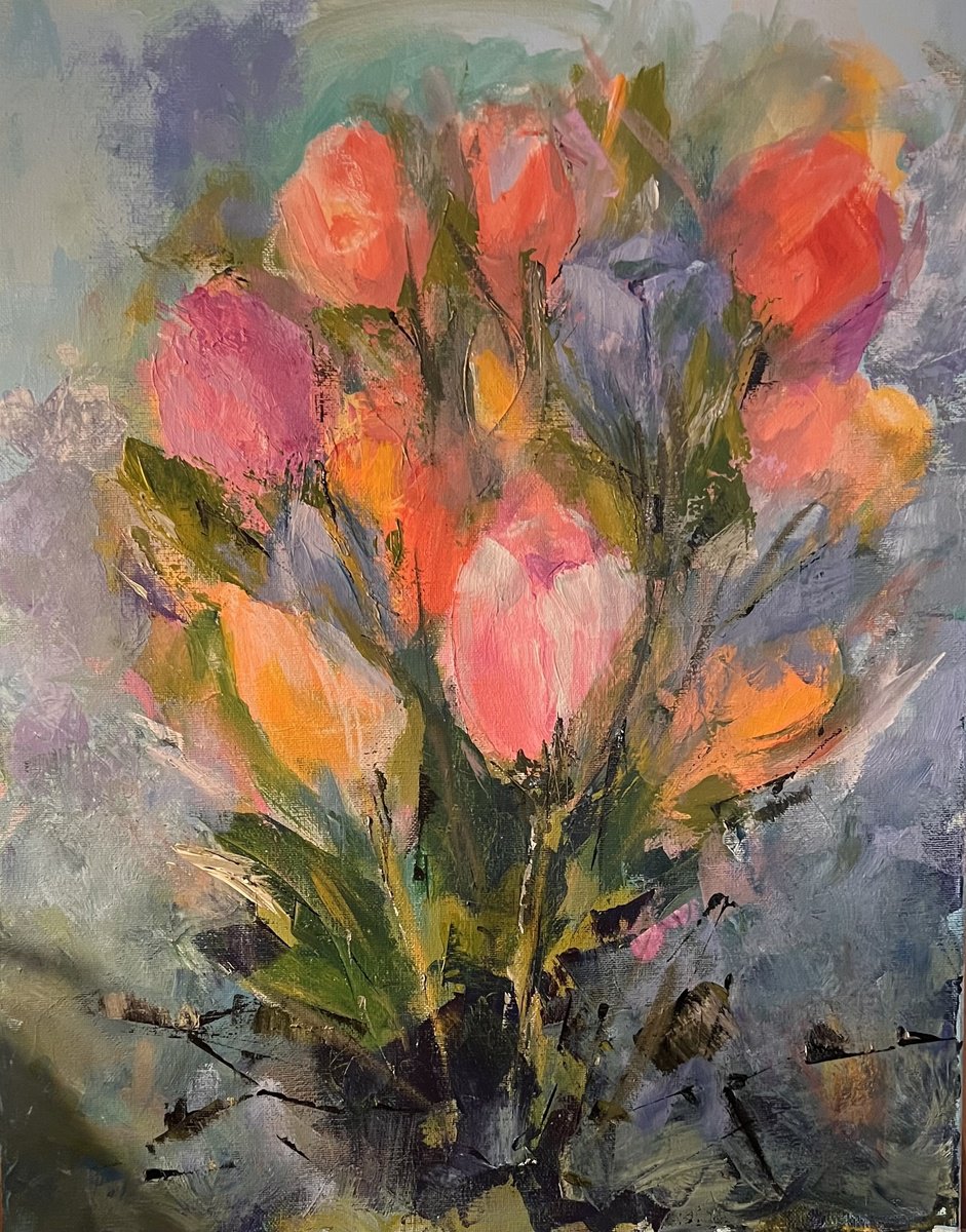 Impressionistic Botanical Acrylic Painting By Carolyn Shoemaker (Soma), 16 X 20, Spring Tulips, Original Artwork