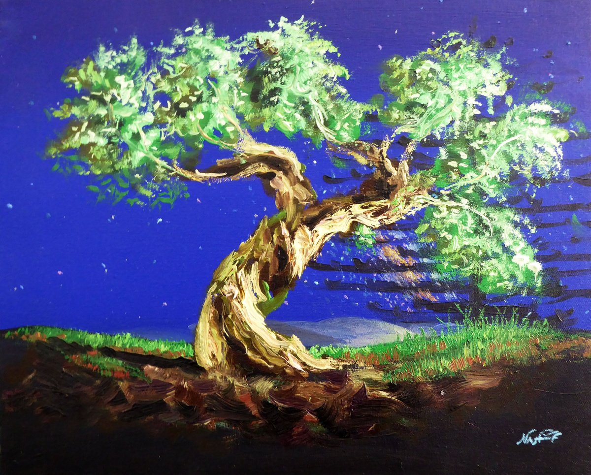 Impressionistic Landscape Oil Painting By Narek Hambardzumyan, 16 X 13", Night Olive Tree, Original Artwork