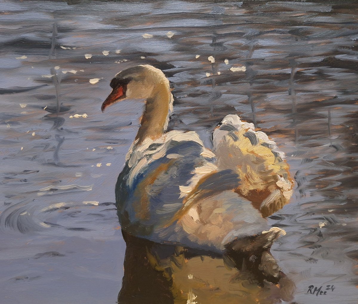 Impressionistic Animal Oil Painting By Robert Mee, 11 X 9", Swan, Original Artwork