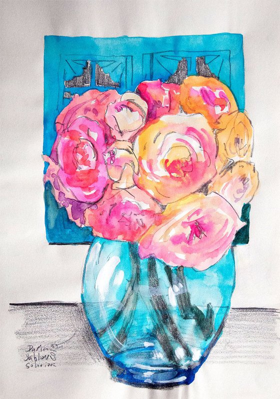 Garden roses in the vase sketch #2