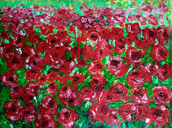 FIELD OF RED ROSES, MEADOW OF FLOWERS, large size painting office home decor gift