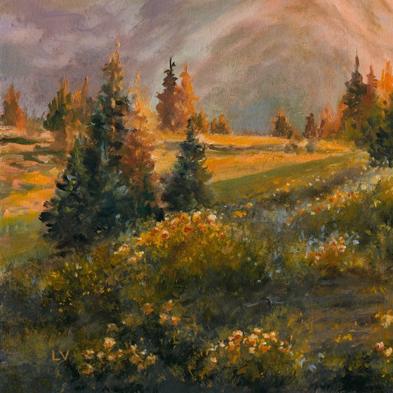 Mountain landscape with golden light