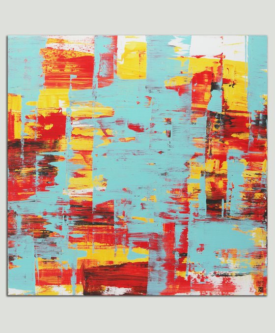 XL Abstract Painting - Static in Red & Turquoise - 120x120 cm - Ronald Hunter - 13J