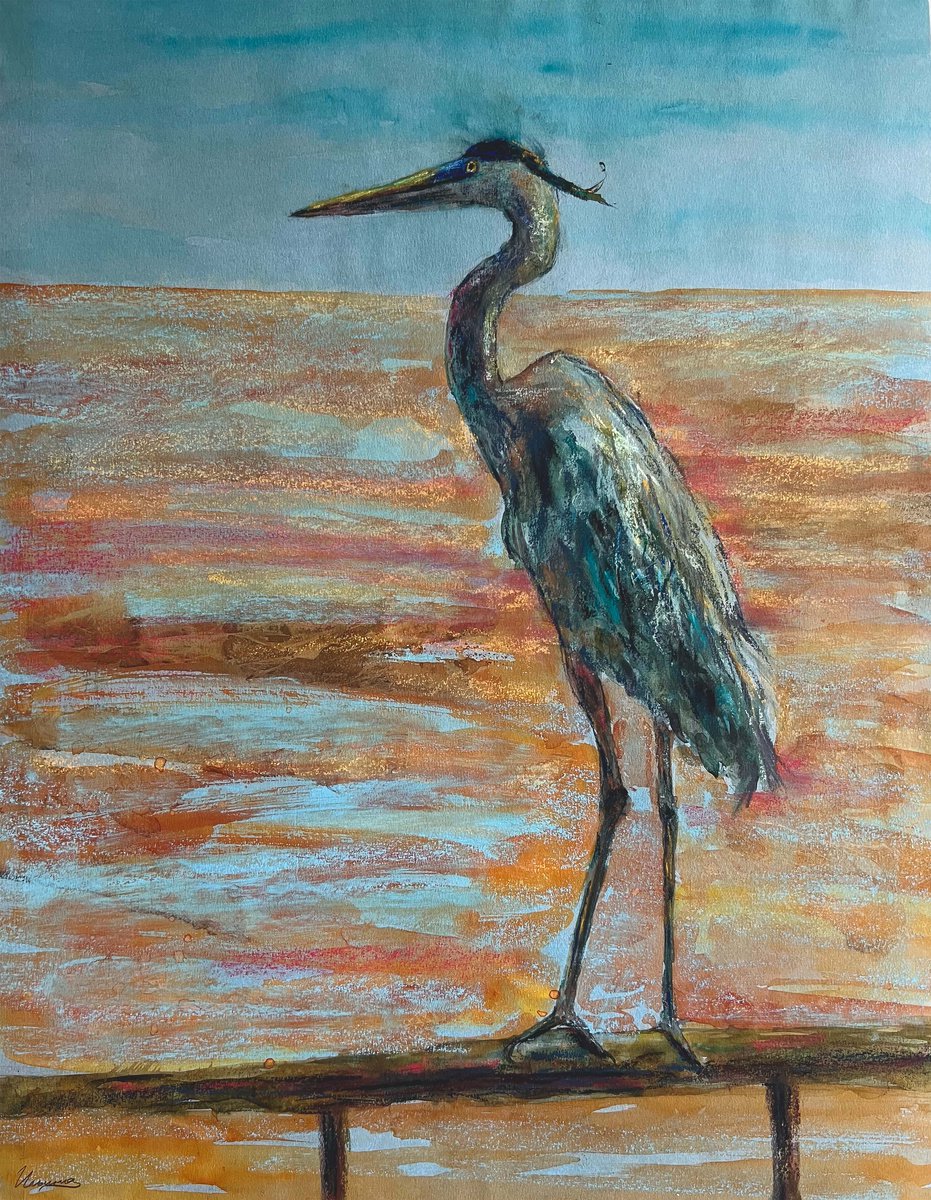 HERON - Pastel and watercolor drawing on paper, original gift, home interior, ?lue color by Tatsiana Ilyina