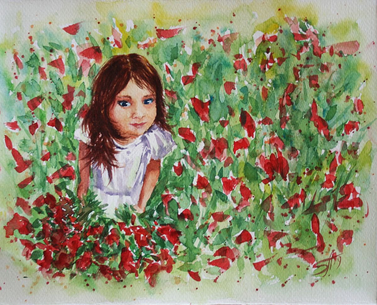 In Field of Red Flowers  / Original Painting / emotion in the portrait of a flower / color... by Salana Art Gallery