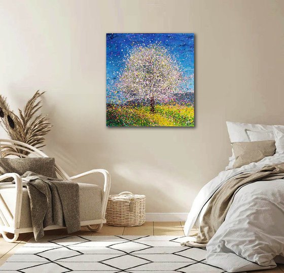 Cherry blossom tree painting Original painting on canvas White bloom tree art