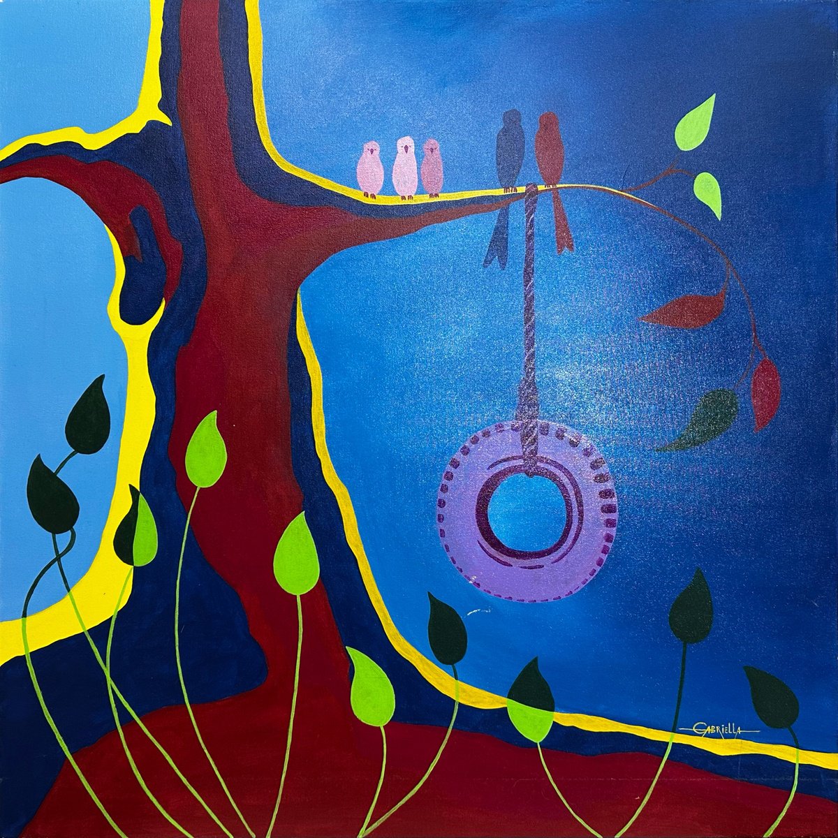 Illustrative Animal Acrylic Painting By Gabriella Delamater, 34 X 34, 34 - ?X34 - ? Swing Tree, Original Artwork