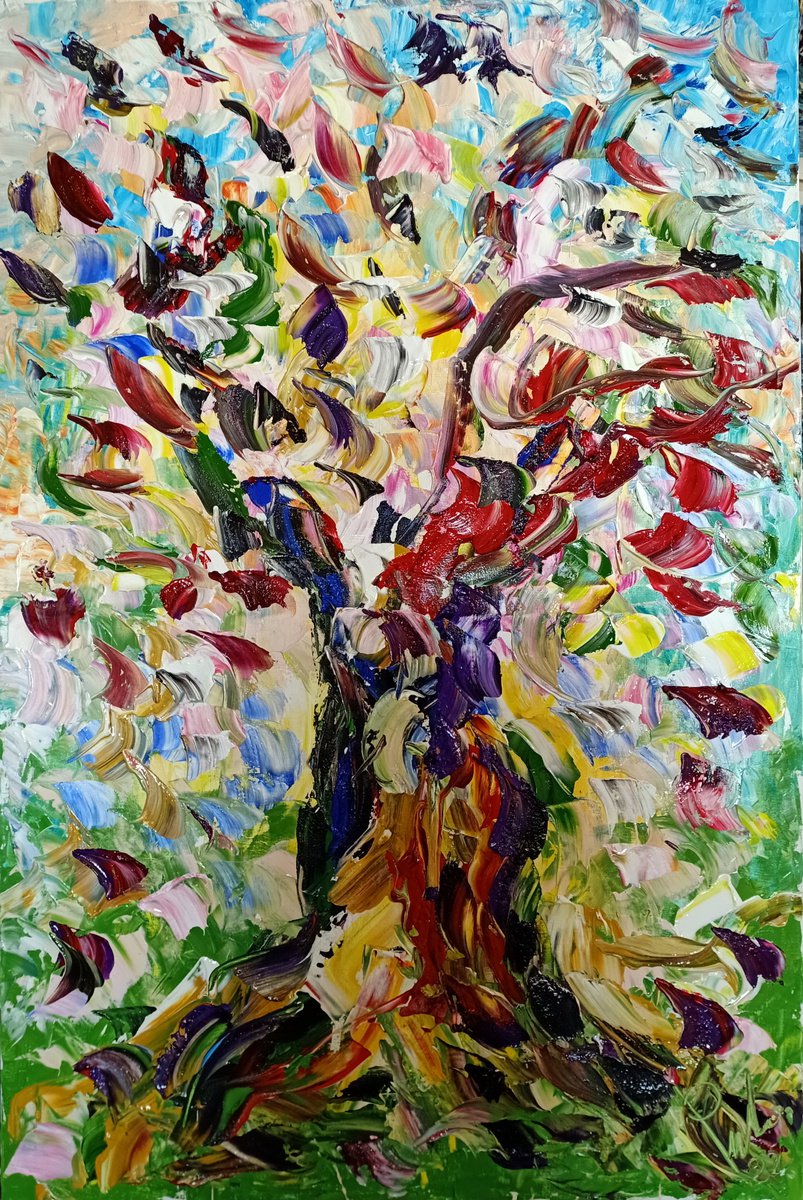 Impressionistic Abstract Acrylic Painting By Antonino Puliafico, 39 X 59, Vento Tra I Rami, Original Artwork