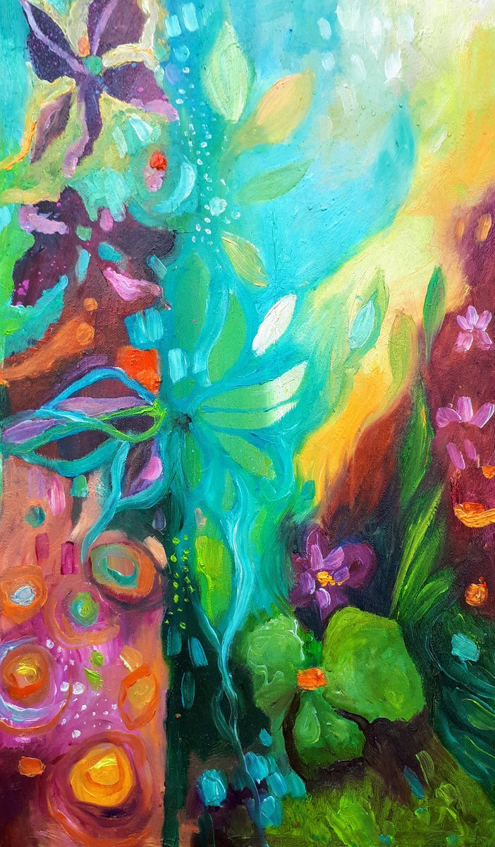 Organic Botanical Oil Painting By Simon Tunde, 12 X 20", Play In The Garden (30X50Cm) Oil On Canvas, Original Artwork