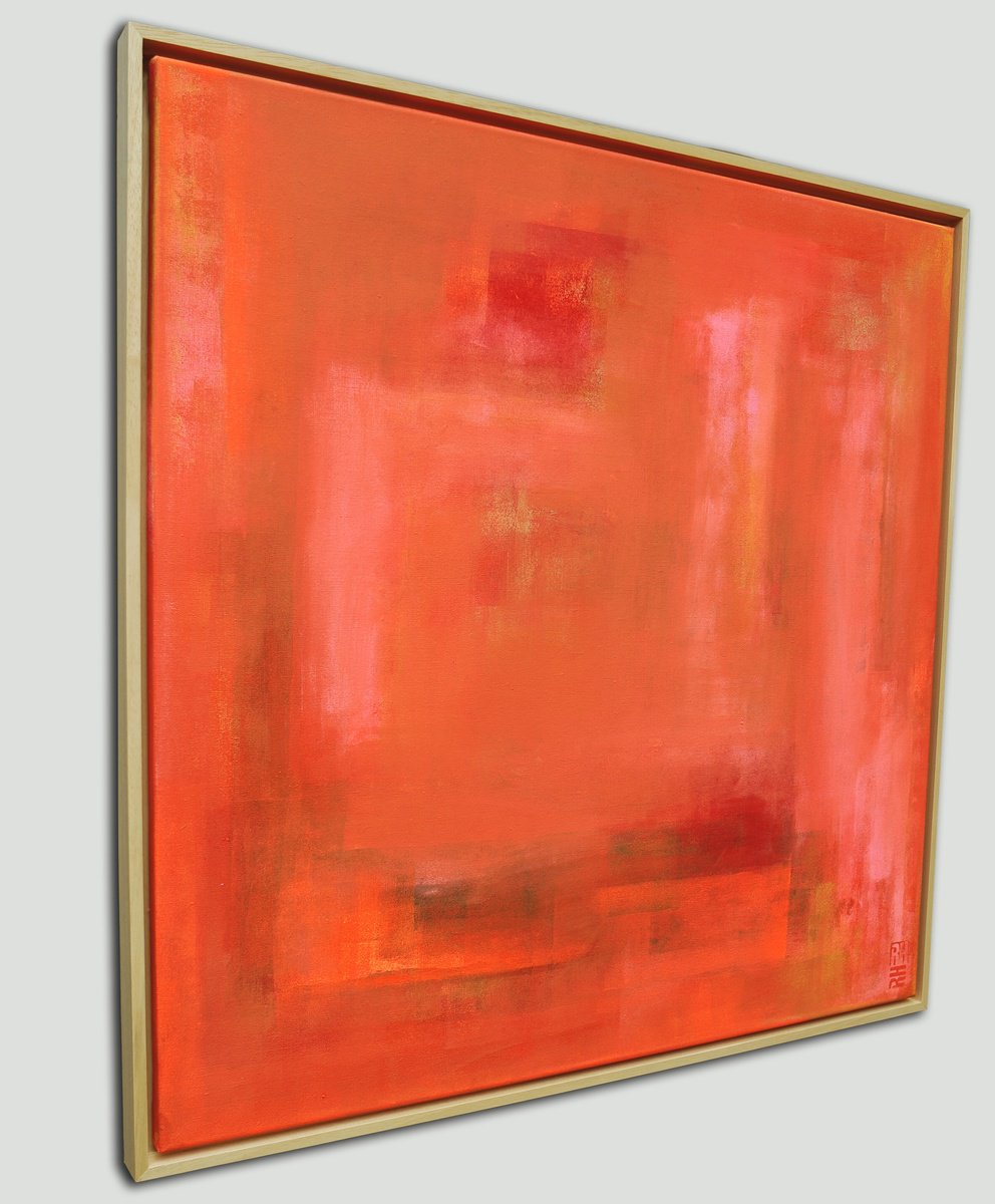Abstract Acrylic Painting By Ronald Hunter, 33 X 33", Untitled In Pink & Orange, Original Artwork