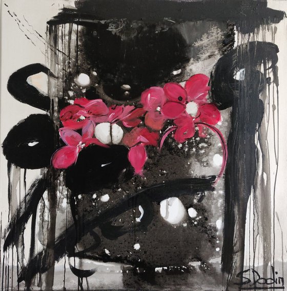 Abstract and figurative Artwork red flowers on black and white background Acrylic  and fine tissue  100x100