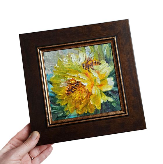 Peony oil painting original canvas art flower yellow, Bee painting small picture frame