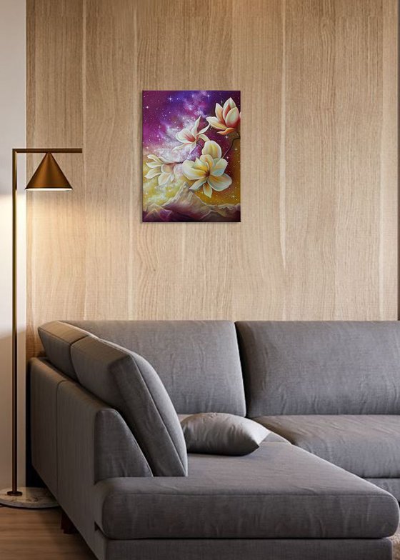 "Night shining", magnolia painting, blossoming, flowers