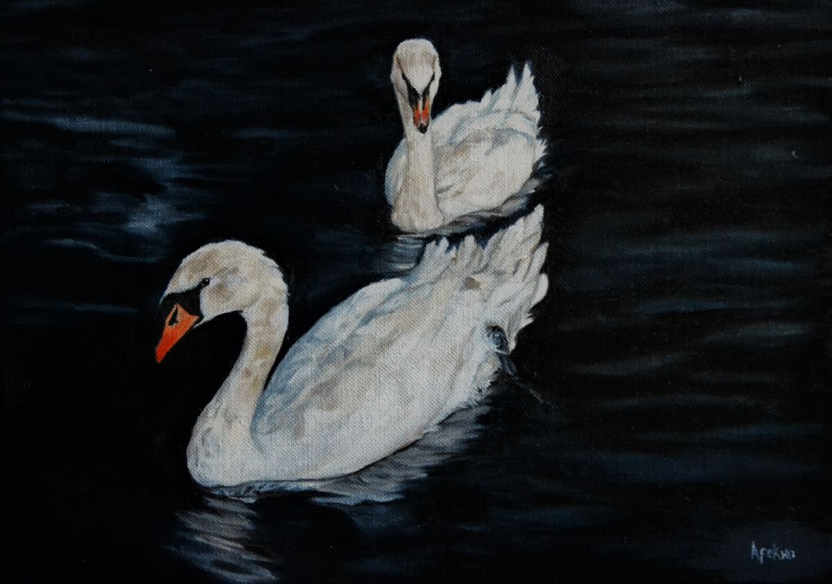 Photorealistic Animal Oil Painting By Afekwo, 14 X 10, Swan Lake, Original Artwork