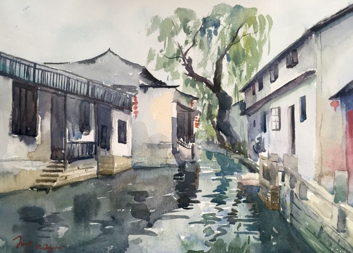 Impressionistic Cityscapes Watercolour By Jing Chen, 15 X 11, River Town, Original Artwork